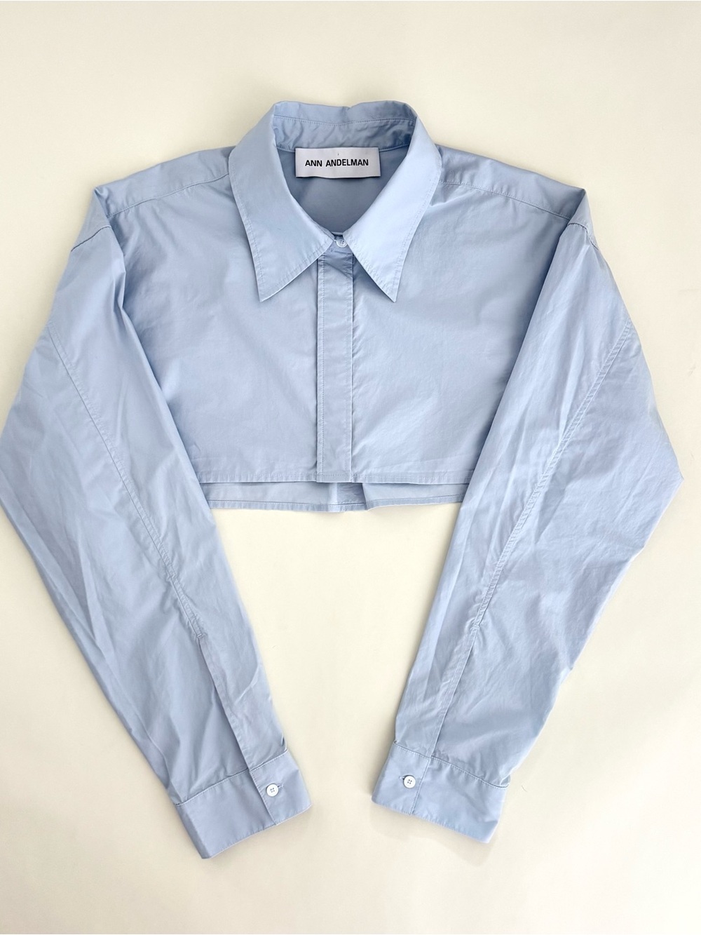 Ann Andelman Cropped Light Blue Button Up Point Collar Cotton Shirt - Size M - Picture 2 of 8